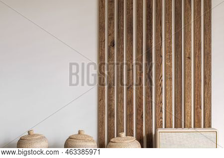 Modern Japandi Appartment Interior Design In Earth Tones, Natural Textures. Solid Oak Wood Wall Deco
