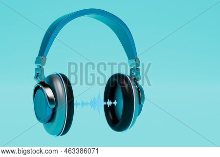 Listening To Music And Books With Headphones. Headphones And Track Track On A Blue Background. 3d Re