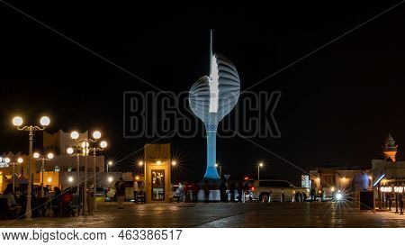 Wakrah, Qatar- October 10,2022 : Pearl Roundabout At Wakrah Souq With People Around,shot During Nigh