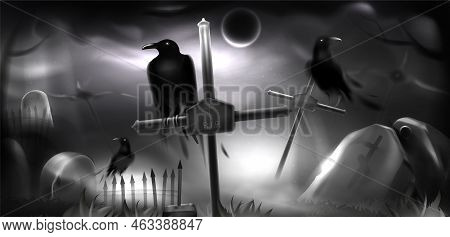 Scary Night Cemetery, Ancient Graveyard With Black Crow On Gravestone, Tombstones In Fog Or Mist. Ha