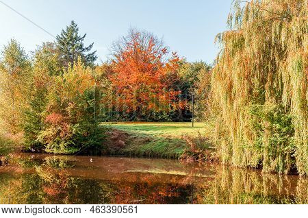 Beautiful Colorful Autumn Lake Surrounded By Autumn Follage. Autumn Background.