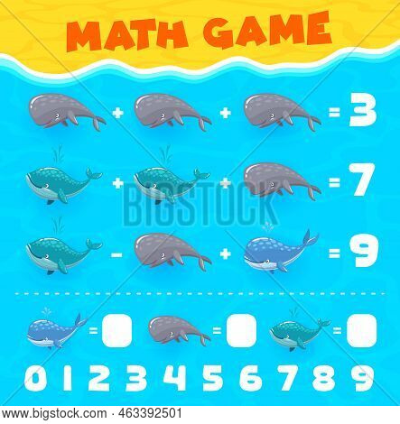 Math Game Worksheet. Cartoon Whale And Sperm Whale Characters. Kids Education Puzzle, Child Mathemat