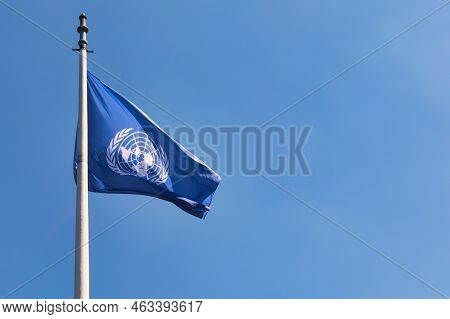 The Hague, Netherlands - July 22 2019 : The Flaf Of The United Nations Hanging Outside The Internati
