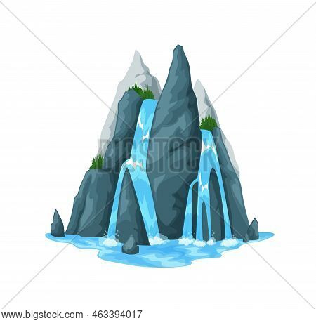 Cartoon Mountain Waterfall And Water Cascade. Vector Splashing Stream Jets Falling From High Rocks W