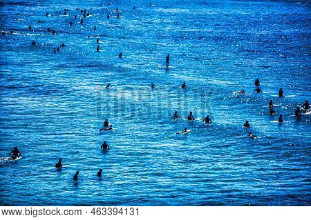 Bondi Beach, Australia - October 18 2009 : A Crowd Of Surfers Is Waiting In The Water For A Wave To 