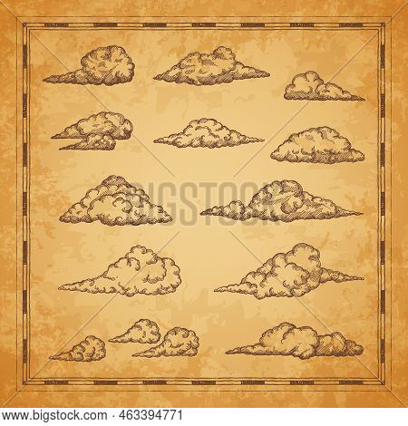 Vintage Map Clouds And Cloudiness Sketch For Adventure Map, Vector Background. Pirate Treasure Islan