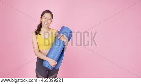 Excited Sporty Asian Women Wear Sports Wear Holding Rush Mat Yoga In Hand Standing Copy Space On Pin