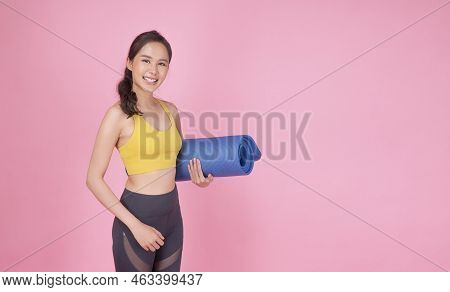 Excited Sporty Asian Women Wear Sports Wear Holding Rush Mat Yoga In Hand Standing Copy Space On Pin