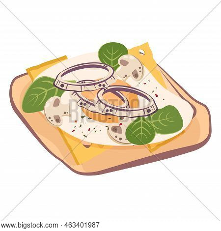 Sandwich With Fried Egg, Sliced Mushrooms, Spinach, Slices Of Cheese. Toasted Delicious White Bread 