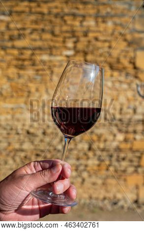 Tasting Of Red Wine By Old Wine Maker In Pierres Dorées Region With Yellow Stone Houses On South Of