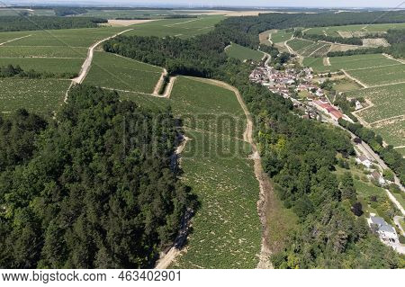 Aerial View On Chablis Grand Cru Appellation Vineyards With Grapes Growing On Limestone And Marl Soi