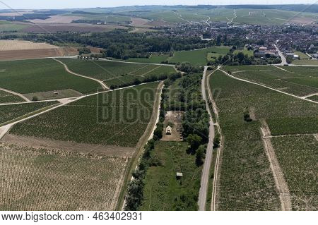 Aerial View On Chablis Grand Cru Appellation Vineyards With Grapes Growing On Limestone And Marl Soi