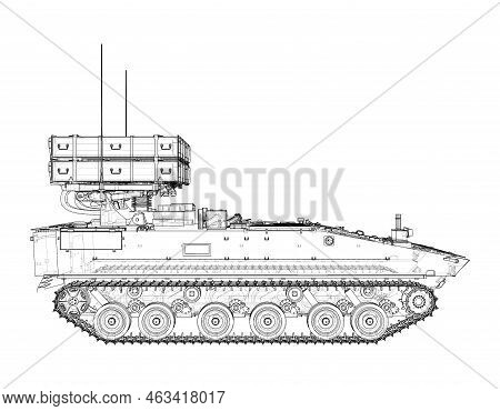 Military Track Missle System. Vector Rendering Of 3d. Wire-frame Style. The Layers Of Visible And In