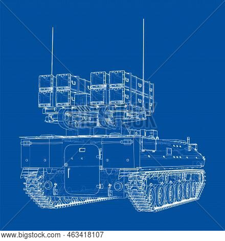Military Track Missle System. Vector Rendering Of 3d. Wire-frame Style. The Layers Of Visible And In