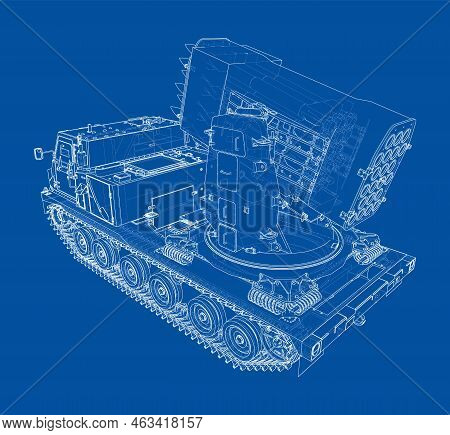 Military Track Missle System. Vector Rendering Of 3d. Wire-frame Style. The Layers Of Visible And In