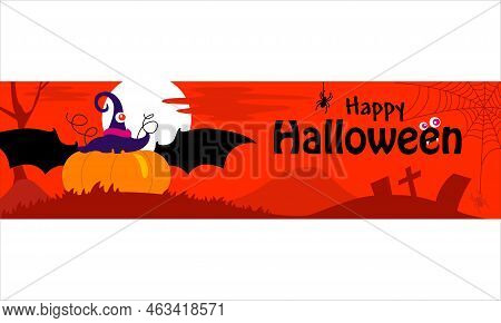 Happy Halloween. Banner Or Party Invitation With Pumpkin, Grave, Cross, Moon, Flying Bats And Spider