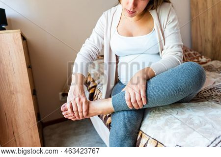 Pregnancy Pain Leg Woman. Pregnant Girl Have Leg Disease, Ankle Pain Doing Health Massage Exercise. 