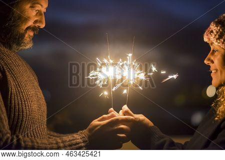 Valentine's Day And Love Concept Celebration For Caucasian Middle Age Beautiful Couple Enjoying Toge