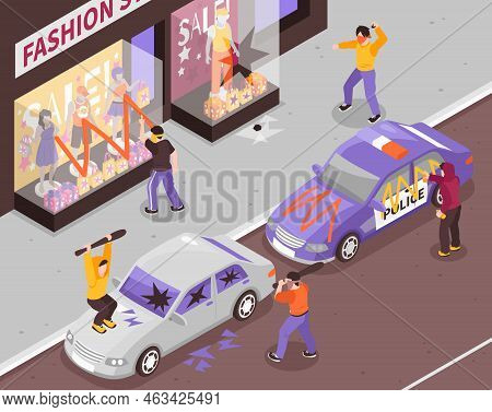 Hooligans Vandals With Bats And Spray Paint Damaging Shop Window And Cars 3d Isometric Vector Illust