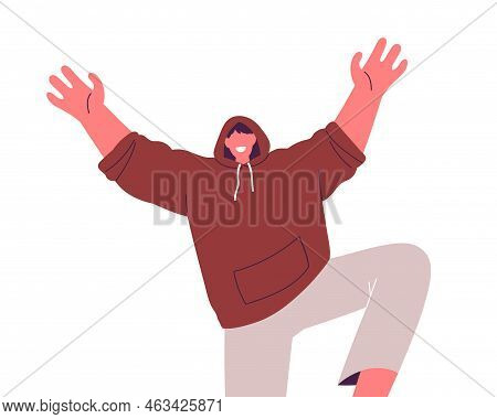 Happy Man Frighting Smb With Arms Up. Smiling Excited Guy In Hood In Funny Spooky Pose With Hands Ra