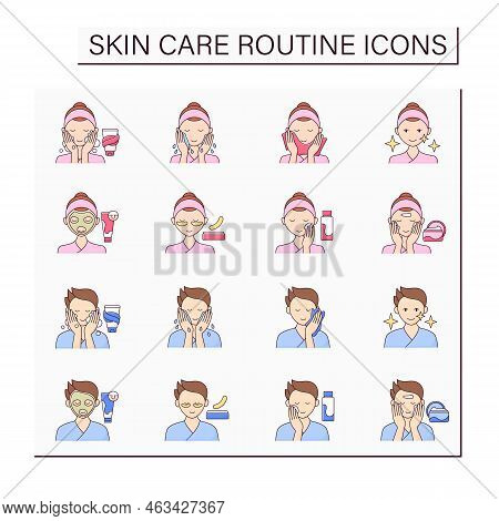 Skin Care Routine Color Icons Set. Beauty Procedure For Soft Face Skin. Cosmetology Concept. Isolate