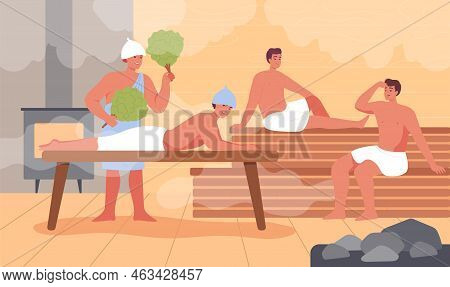 Cartoon Men In Towels Relaxing In Spa Together. Sauna Room Interior, Male Characters Sweating Or Bat