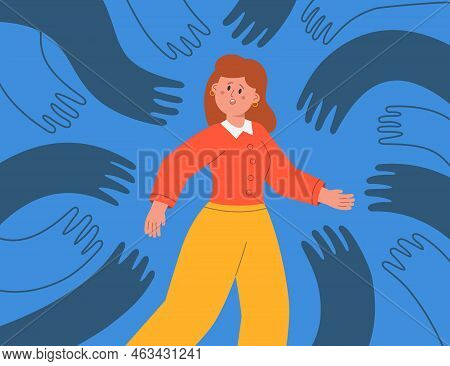 Girl In Center Surrounded By Giant Creeping Hands On Blue Background. Indebted Woman Breaking Throug