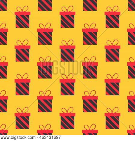 Gift Box Seamless Pattern. Striped Gift Box On Yellow Background. Black Gift Boxes For Black Friday 