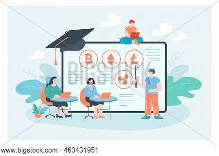 Online Academy With Students Learning Cryptocurrency And Trading. Tiny Male And Female Persons Study
