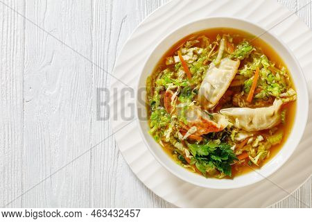 Asian Potsticker Gyoza Soup With Dumpling Of Ground Chicken, Napa Cabbage, Scallions, Ginger, Celery