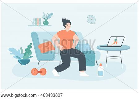 Virtual Workout And Stretching Body Of Woman At Home. Girl Training With Coach On Video Stream, Doin
