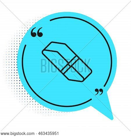 Black Line Eraser Or Rubber Icon Isolated On White Background. Blue Speech Bubble Symbol. Vector