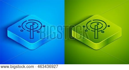 Isometric Line Magic Wand Icon Isolated On Blue And Green Background. Star Shape Magic Accessory. Ma
