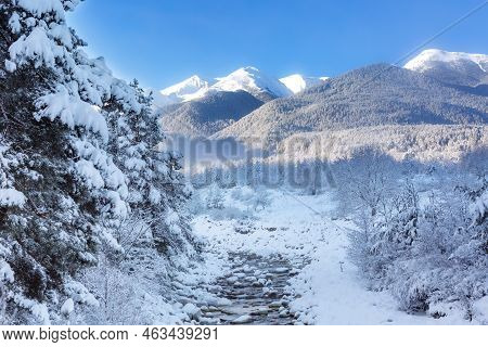 Bansko, Bulgaria Travel Winter Landscape Panorama Of Snow Pirin Mountain Peaks And River Glazne