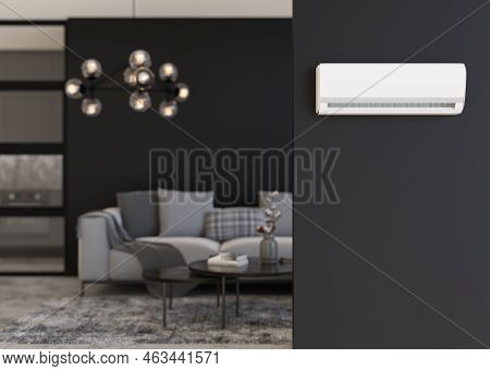 Modern Air Conditioner Hanging On The Wall In Room. Cooling Product For Hot Climate In Summer. Machi