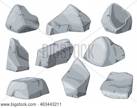 Rock Stone Cartoon Set. Cobblestones Of Various Shapes. Rocks And Debris Of The Mountain.