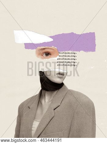 Contemporary Art Collage. Conceptual Image With Young Girl Suffering From Overthinking. Many Thought