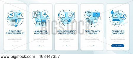 Choosing Energy Provider Factors Blue Onboarding Mobile App Screen. Walkthrough 5 Steps Editable Gra
