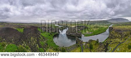 Drone View At Hjalparfoss Waterfall In Iceland