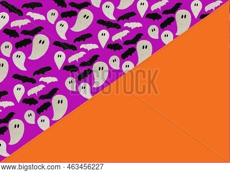 Pattern Of Purple Haloween Background. Halloween Ghosts And Bats Background For Flyers And Advertise