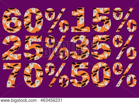 Flat Halloween Discount Numbers Banners. Discount Percentage Numbers With Halloween Ghost And Bats D