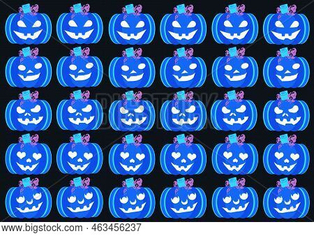 Halloween Carved Pumpkins Jack O Lantern In Row Background . Cute Witch Pumpkin Element Cartoon.