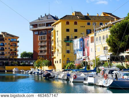 Jetty With Yacht. Yachts And Motor Boats In Marina Port Saplaya, Valencia. Yacht And Fishing Motorbo
