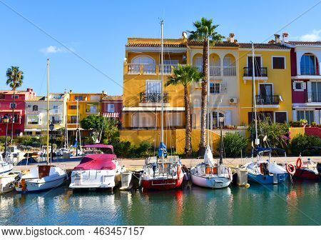 Jetty With Yacht. Yachts And Motor Boats In Marina Port Saplaya, Valencia. Yacht And Fishing Motorbo