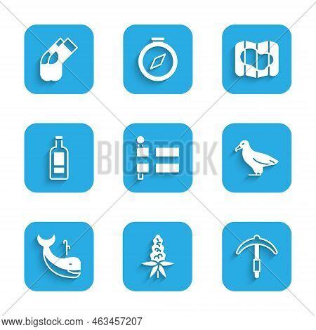 Set Flag Of Iceland, Lupine Flower, Pickaxe, Albatross, Whale, Bottle Vodka, Map And Socks Icon. Vec
