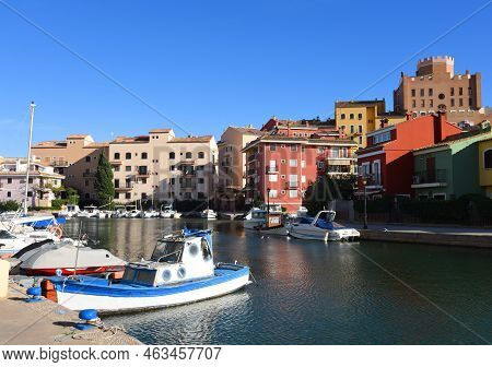 Jetty With Yacht. Yachts And Motor Boats In Marina Port Saplaya, Valencia. Yacht And Fishing Motorbo