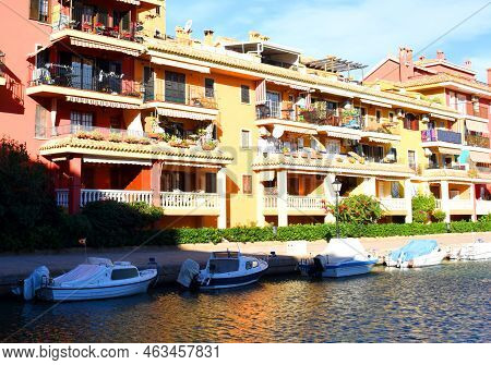 Jetty With Yacht. Yachts And Motor Boats In Marina Port Saplaya, Valencia. Yacht And Fishing Motorbo