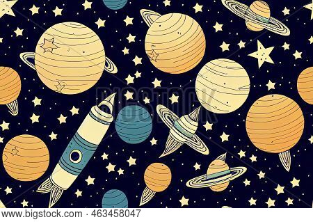 Hand Drawn Space Elements Seamless Pattern. Space Background. Space