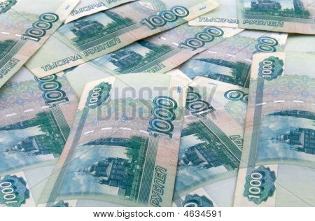 Russian One Thousand Roubles Bills Scattered As Background