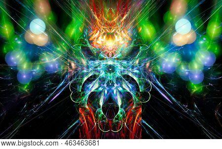 Abstract Illustration Of A Computer Generated Fantastic Flower Of Various Shapes And Shades On A Bla